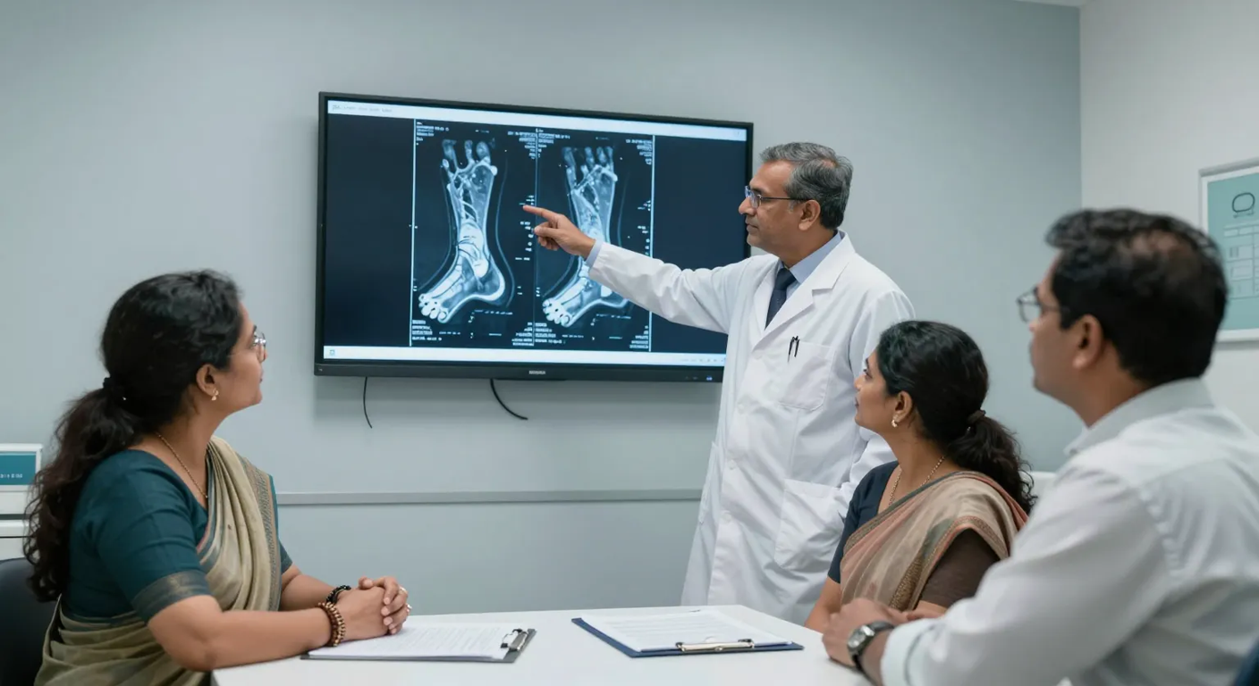 Surgeon explaining a foot MRI scan showing bone infection to a patient and family in a hospital consultation room