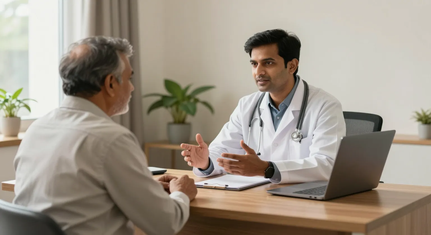 Male patient discussing a chest skin folds problem with a doctor across a consultation desk in a modern Surat clinic