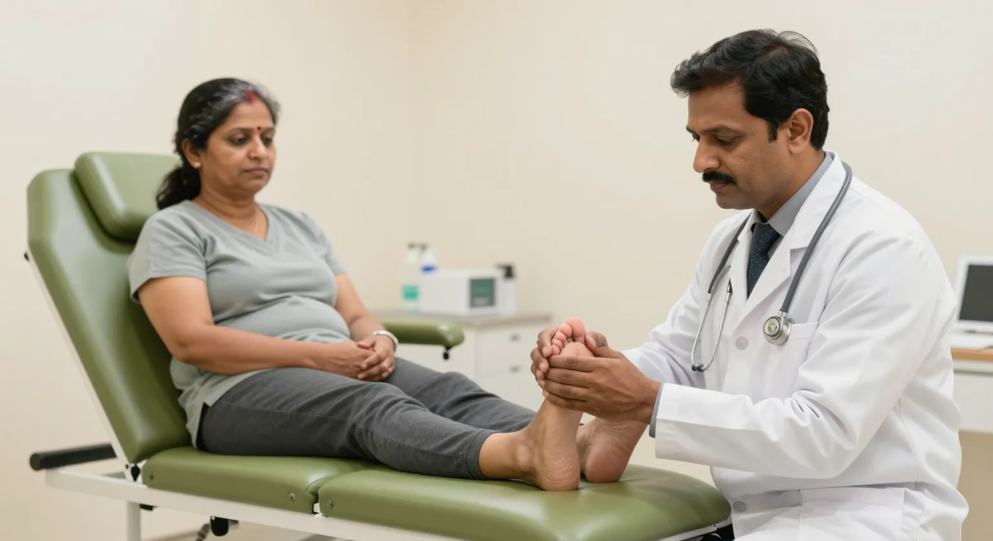 Doctor examining the sole of a patient's foot for corns in a clinic