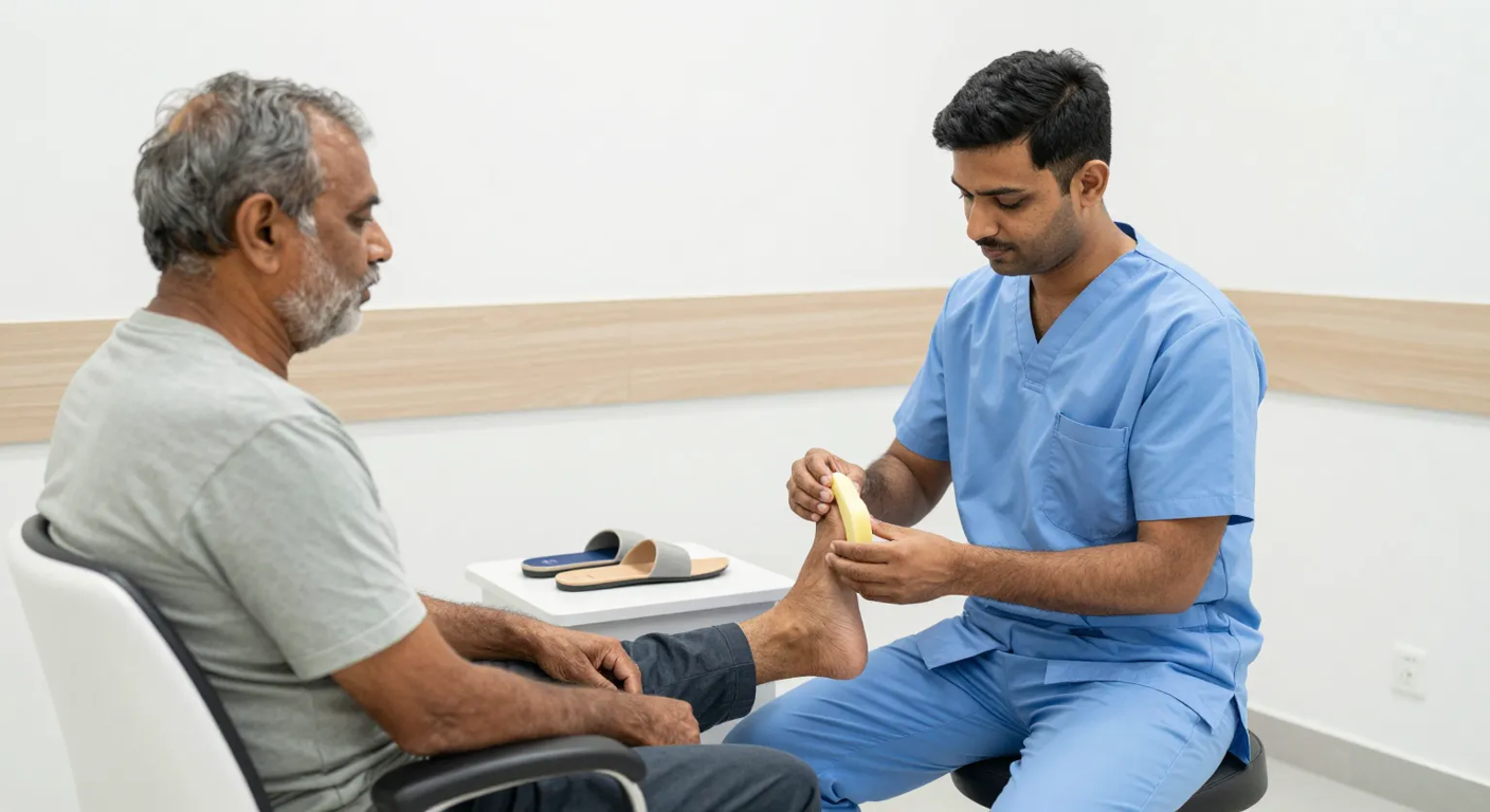 Technician taking a foot impression of a diabetic patient to make custom orthotic insoles at a modern clinic in Surat