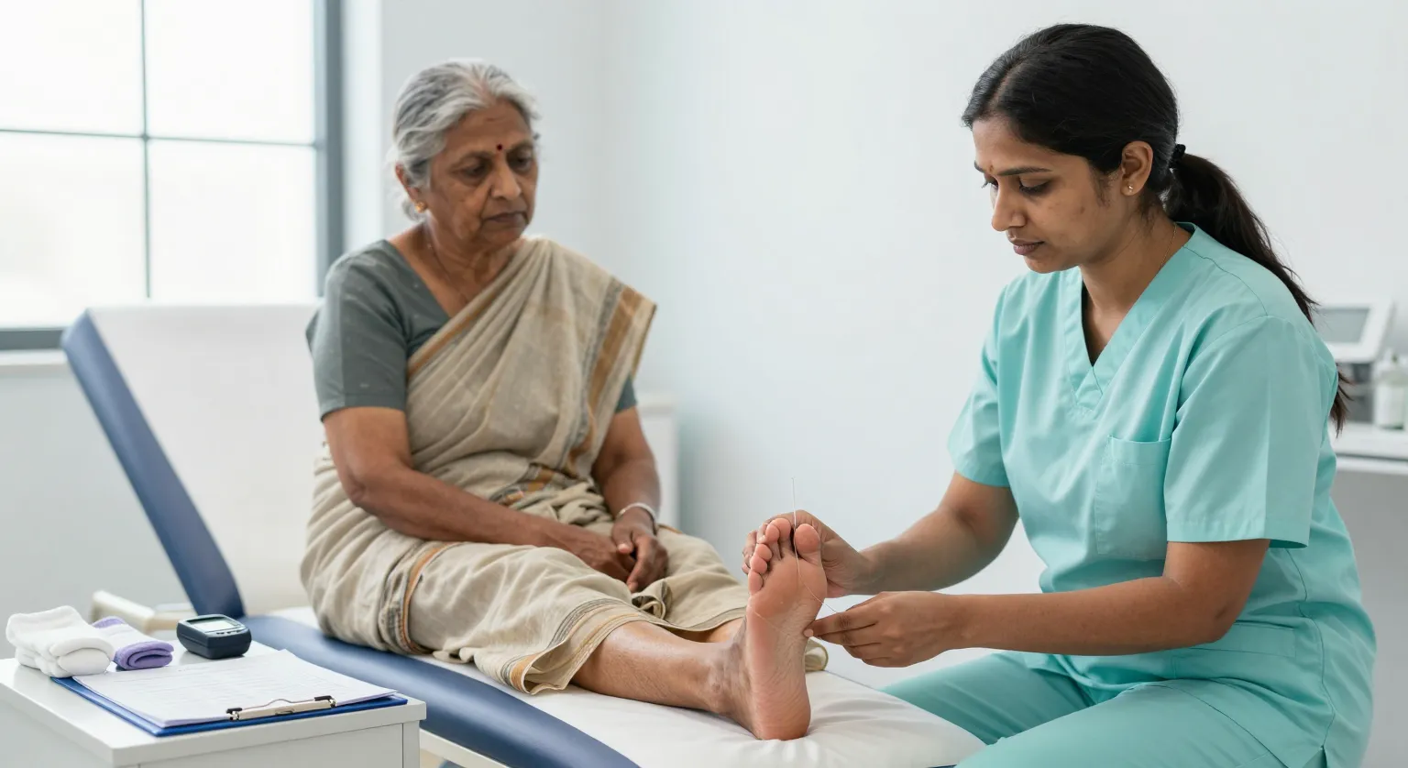 Nurse checking a diabetic patient's foot sensation with a monofilament during a routine diabetic foot care screening in Surat