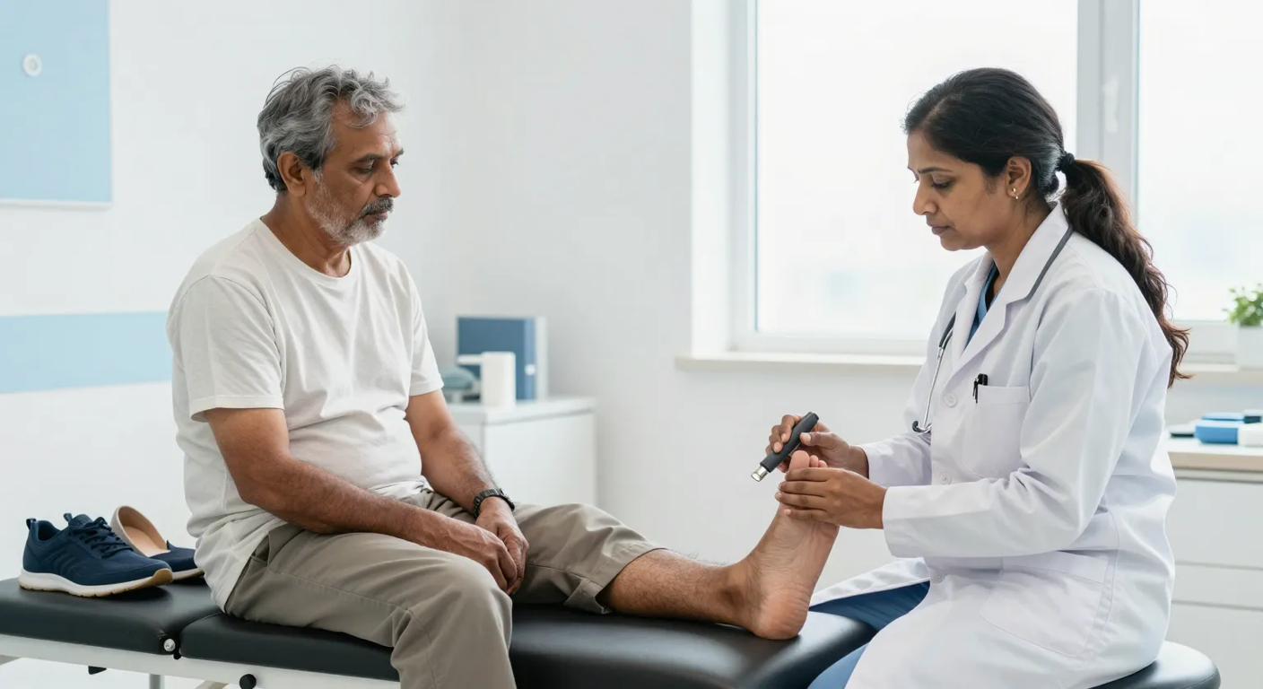Doctor inspecting the sole of a diabetic patient's foot during a routine diabetic foot treatment check in a Surat clinic