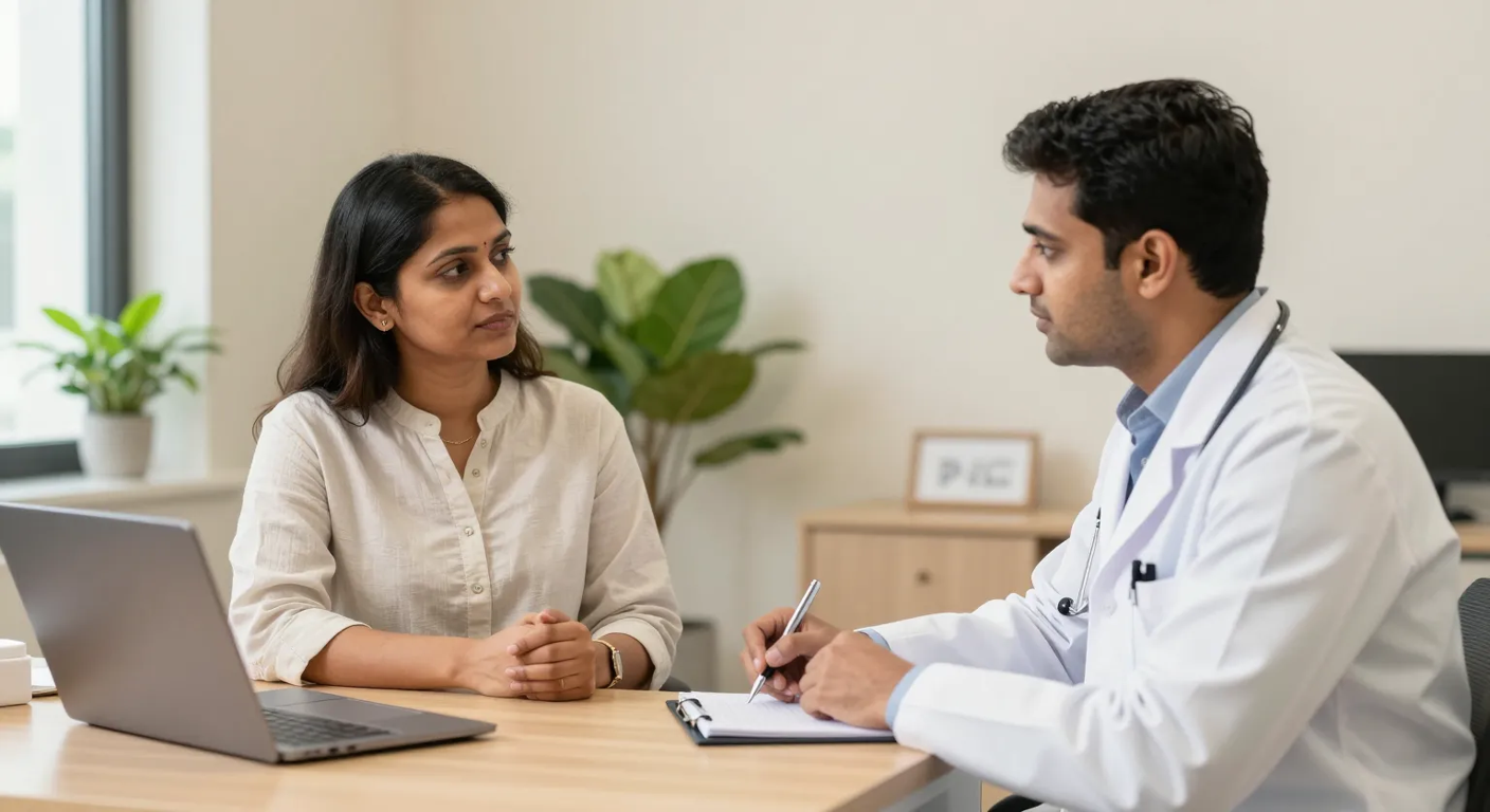 Woman discussing skin fold and breast concerns with a plastic surgeon during a private consultation in Surat