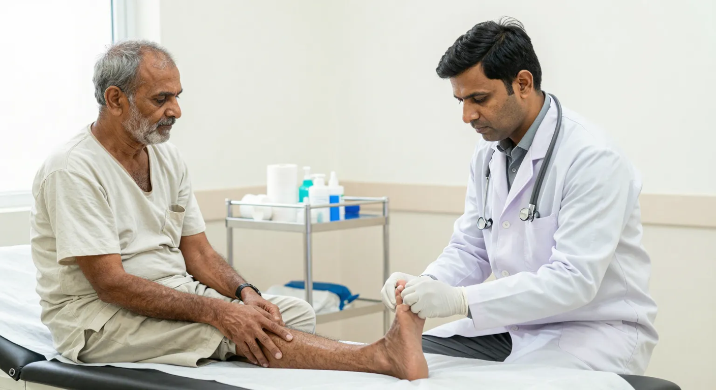 Wound care specialist assessing a foot ulcer on a diabetic patient's foot during a consultation at a modern Surat clinic