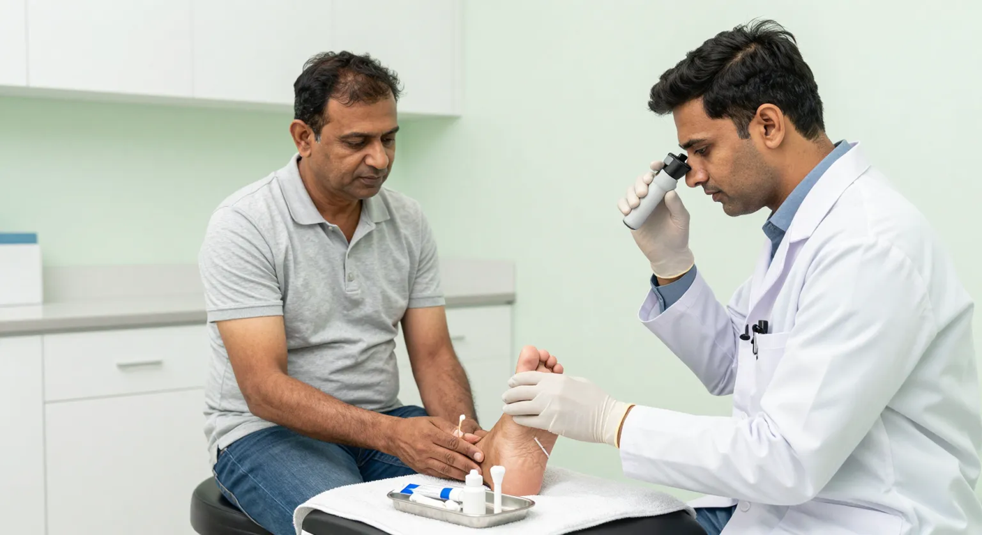 Fungal foot infection assessment at Elegance Clinic, Surat Dermatologist examining scaling skin between the toes during fungal foot infection treatment at a modern Surat clinic