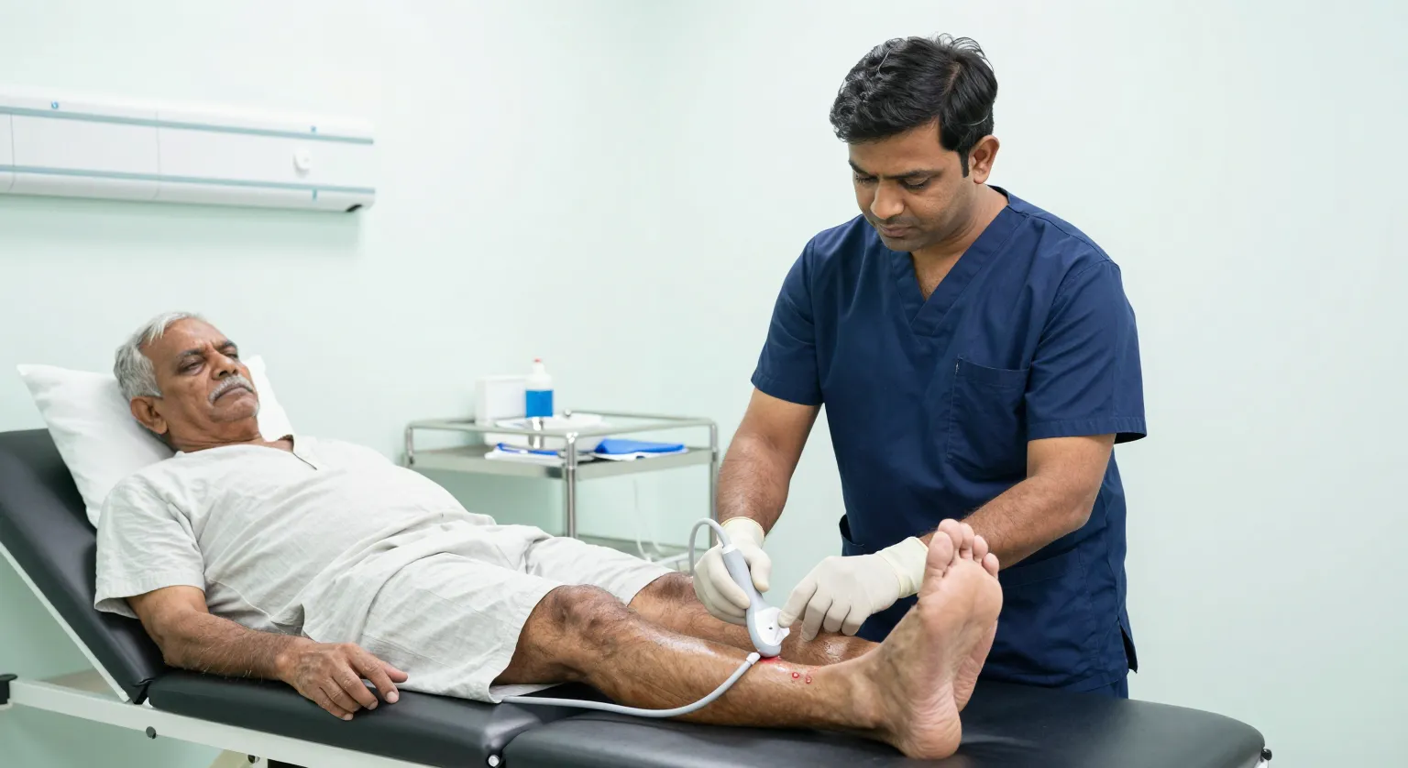 Surgeon checking blood flow in a diabetic patient's foot with a Doppler probe during urgent assessment in Surat