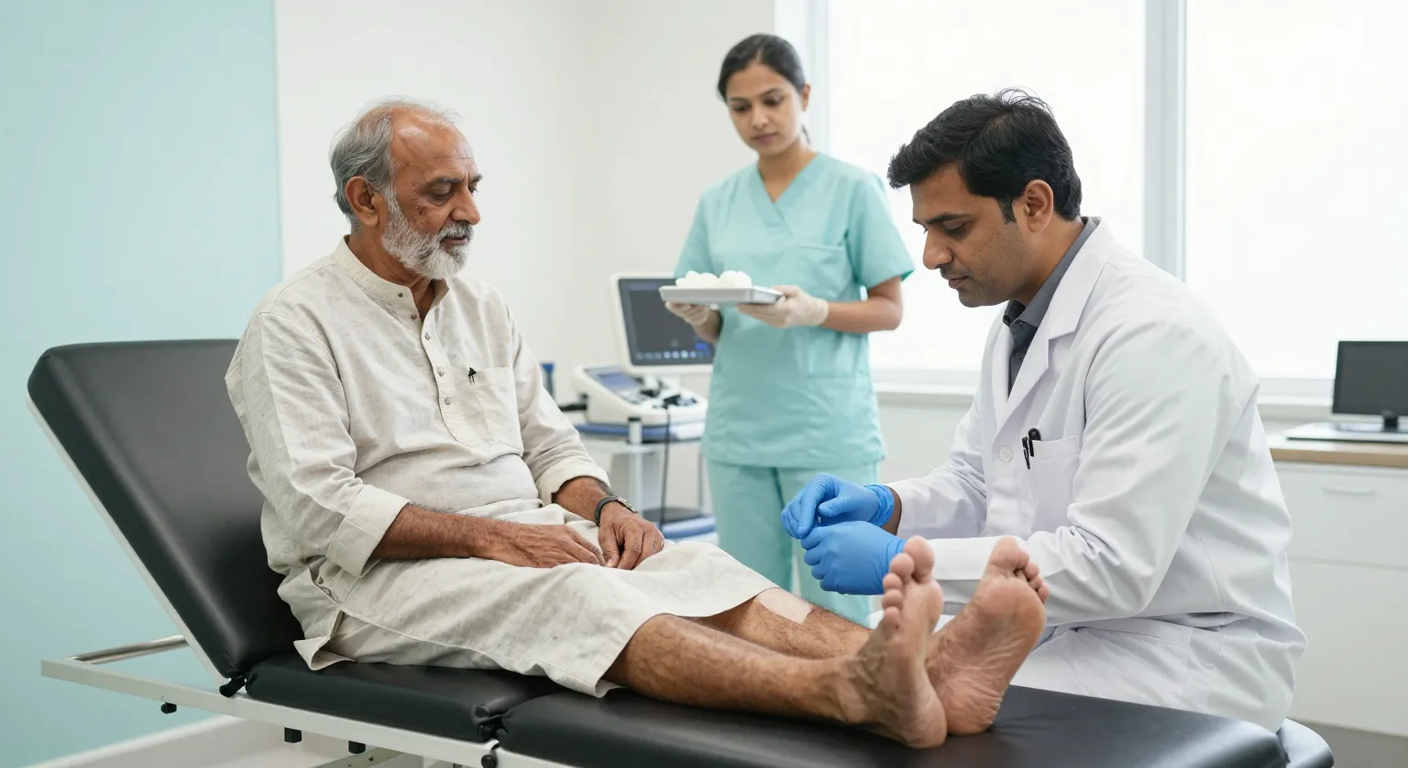 Surgeon examining a diabetic patient's darkened toe during gangrene treatment assessment in a modern Surat clinic