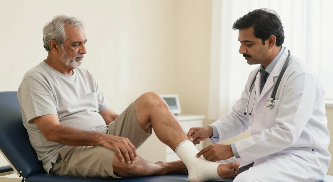 Doctor examining a bandaged leg ulcer of an elderly patient in a clinic