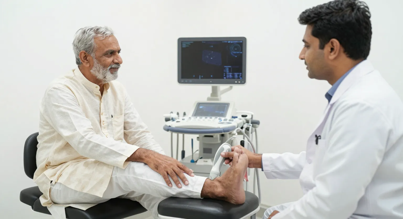 Surgeon performing a Doppler circulation check on an elderly patient's foot during limb salvage assessment