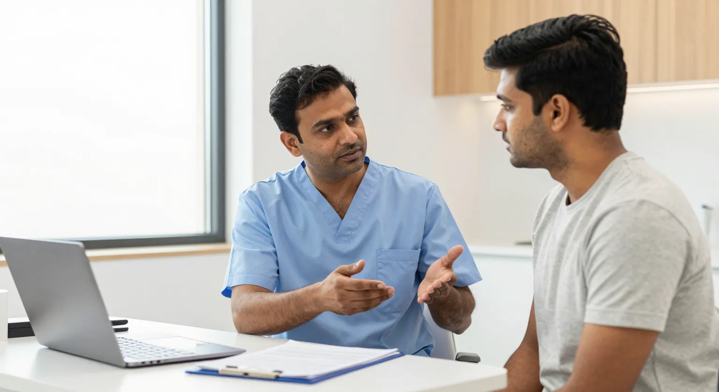 Man discussing a man boobs fix with a plastic surgeon during a chest assessment in a modern Surat clinic