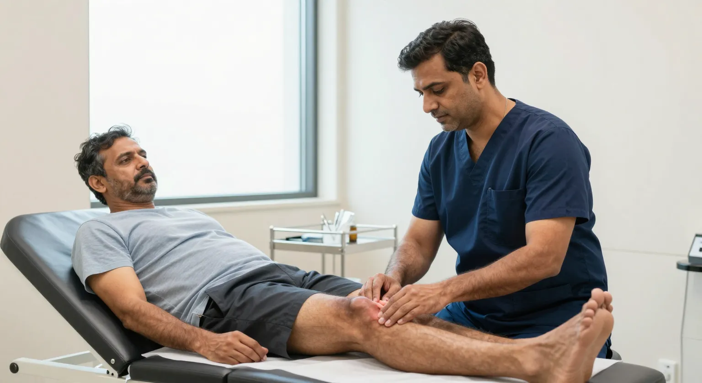 Reconstructive surgeon examining a healed free flap on a patient's lower leg during follow up at a modern Surat clinic