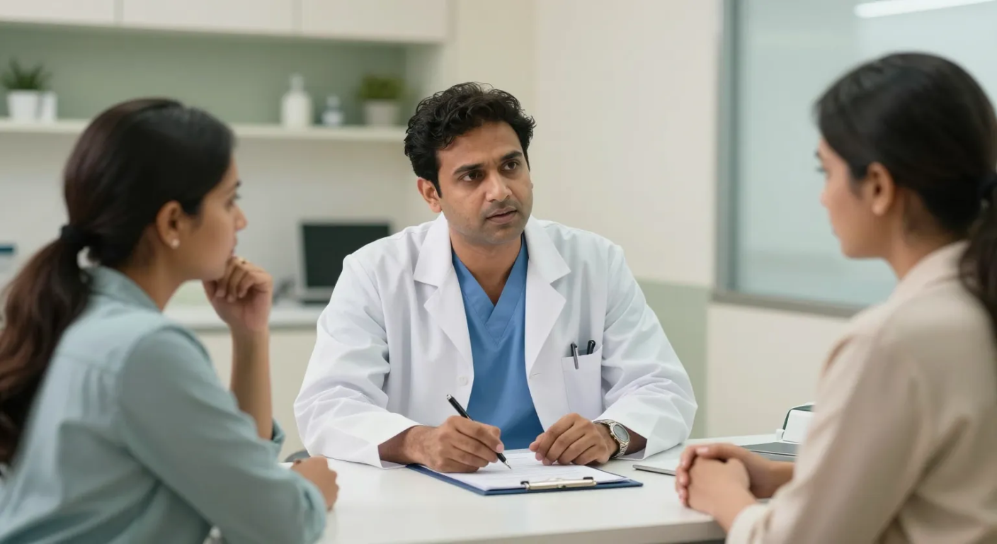 Surgeon discussing urgent infection treatment with a worried couple in a clinic