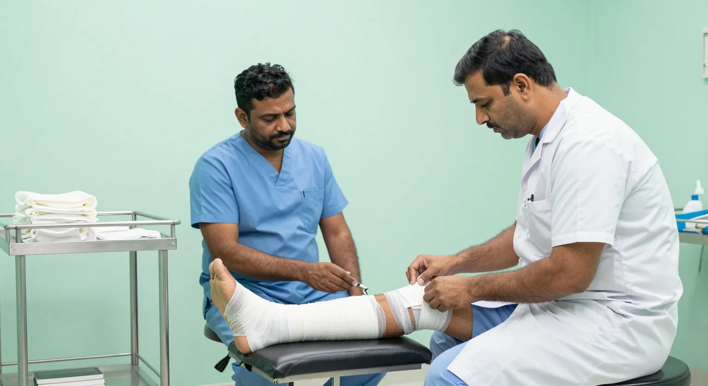 Wound care and dressing review for a non-healing leg ulcer at Elegance Clinic, Surat Surgeon and nurse applying a sterile dressing to a patient's lower leg during non-healing leg ulcer treatment
