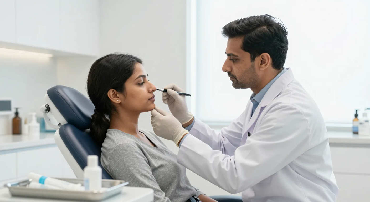 Doctor assessing a patient's nose profile before nose Botox treatment in a modern aesthetic clinic in Surat