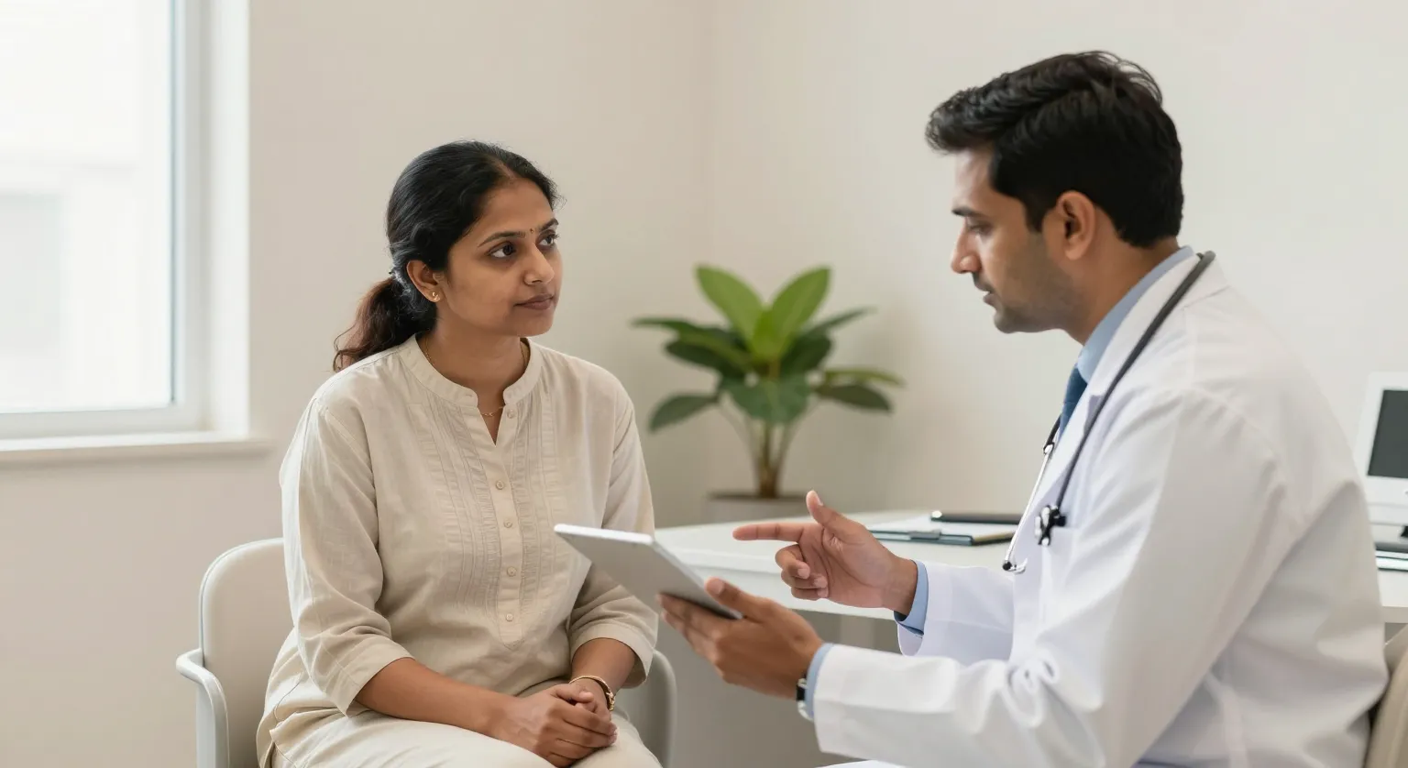Woman in consultation with a plastic surgeon discussing sagging breast treatment options in a private modern clinic room in Surat