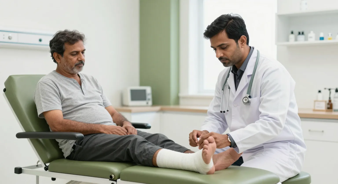 Doctor examining a bandaged foot wound at a modern wound care clinic