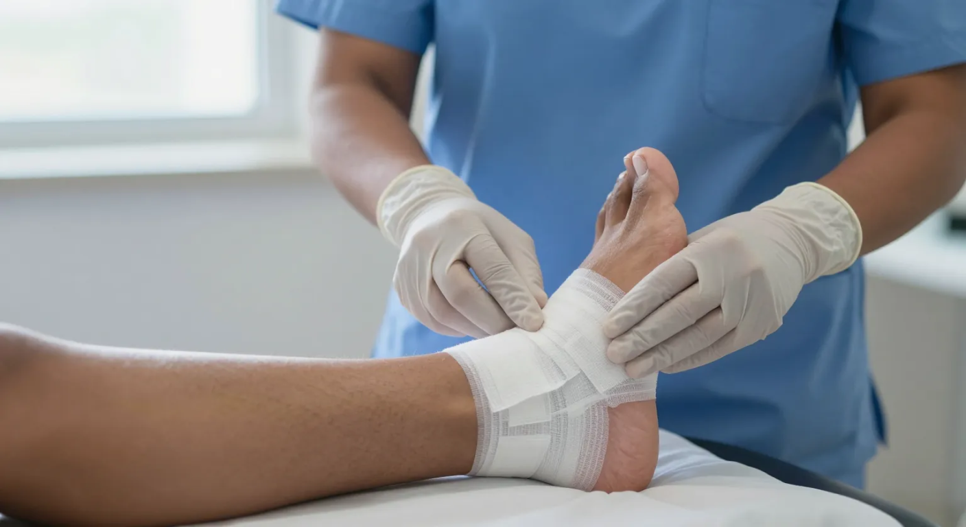Nurse applying a fresh dressing to a foot wound at a modern clinic