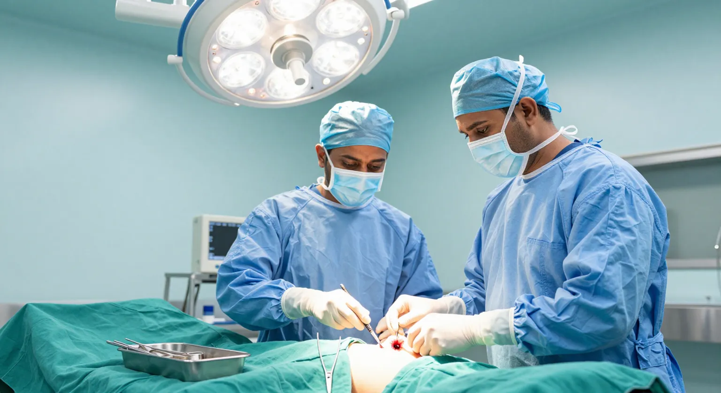 Surgical team preparing a clean diabetic foot wound for skin grafting in a modern operation theatre in Surat