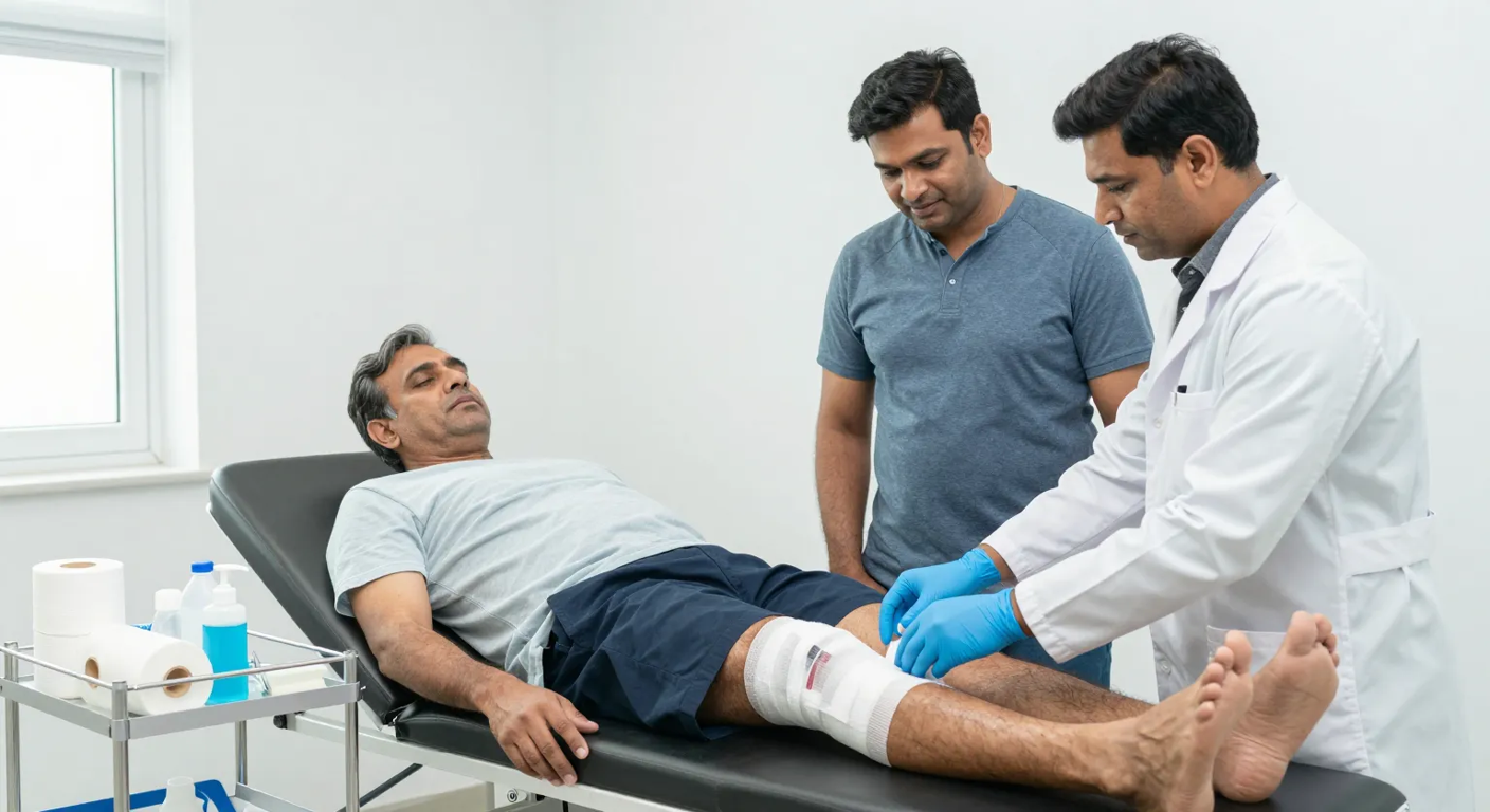Surgeon reviewing a healed skin graft on a diabetic foot wound during follow up at a modern Surat clinic