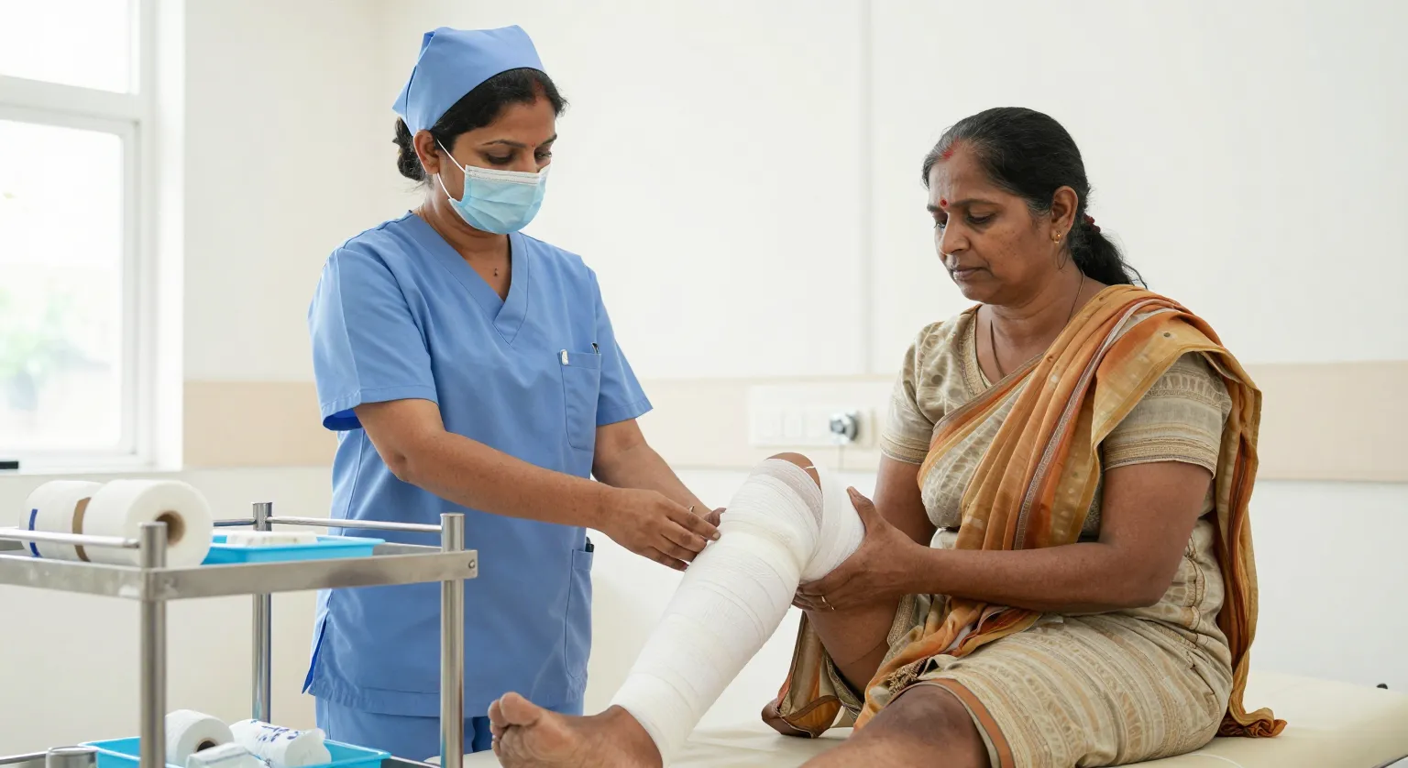 Venous leg ulcer and varicose vein care at Elegance Clinic, Surat Nurse applying a compression bandage to a patient's lower leg with a venous ulcer at a wound care clinic in Surat
