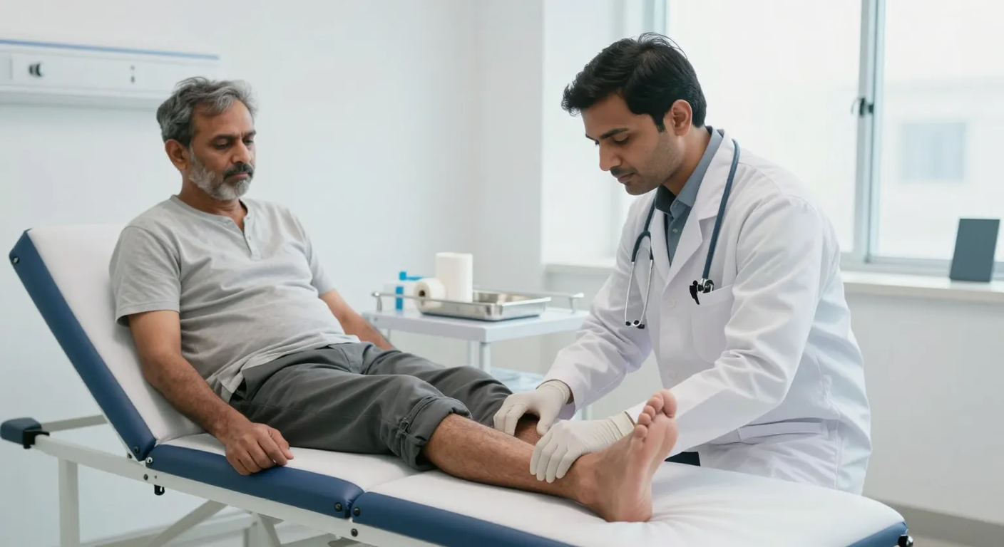 Doctor assessing a swollen lower leg with an open ankle wound before applying compression bandaging in a modern Surat clinic