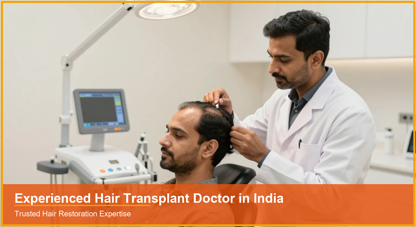 Experienced Hair Transplant Doctor in India Experienced Indian hair transplant doctor examining a male patient's scalp in a modern clinic