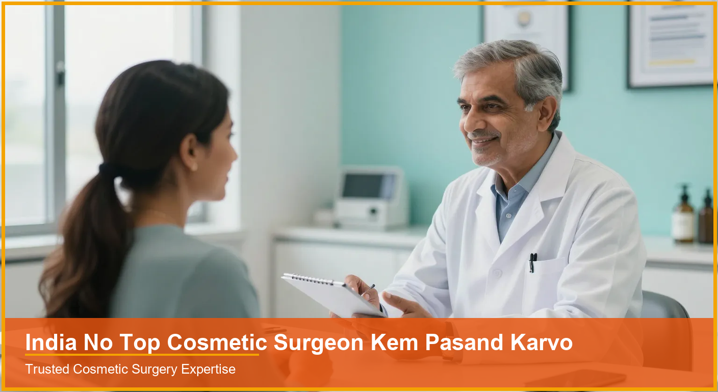India No Top Cosmetic Surgeon Kem Pasand Karvo Senior Indian cosmetic surgeon explaining a treatment plan to a patient in a modern Surat clinic