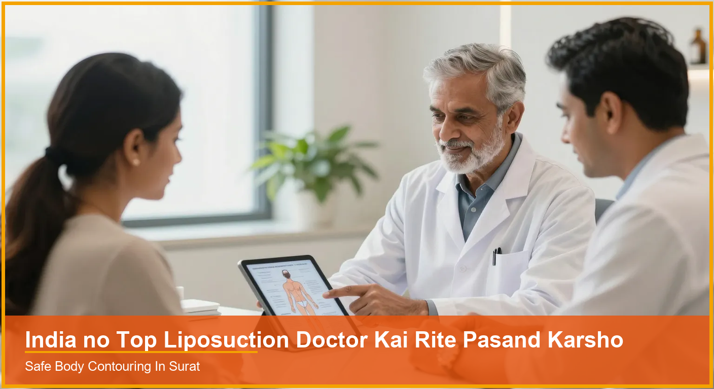 India no Top Liposuction Doctor Kai Rite Pasand Karsho Indian plastic surgeon consulting a patient about body contouring in a modern clinic