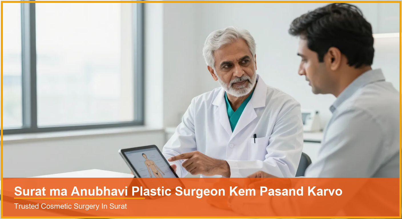 Surat ma Anubhavi Plastic Surgeon Kem Pasand Karvo Experienced Indian plastic surgeon consulting a patient about cosmetic surgery in a modern Surat clinic
