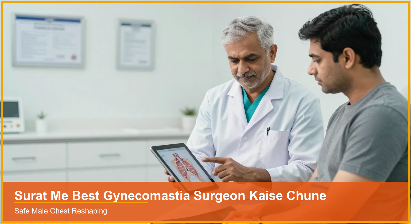 Surat Me Best Gynecomastia Surgeon Kaise Chune Indian plastic surgeon explaining a gynecomastia treatment to a young male patient in a Surat clinic